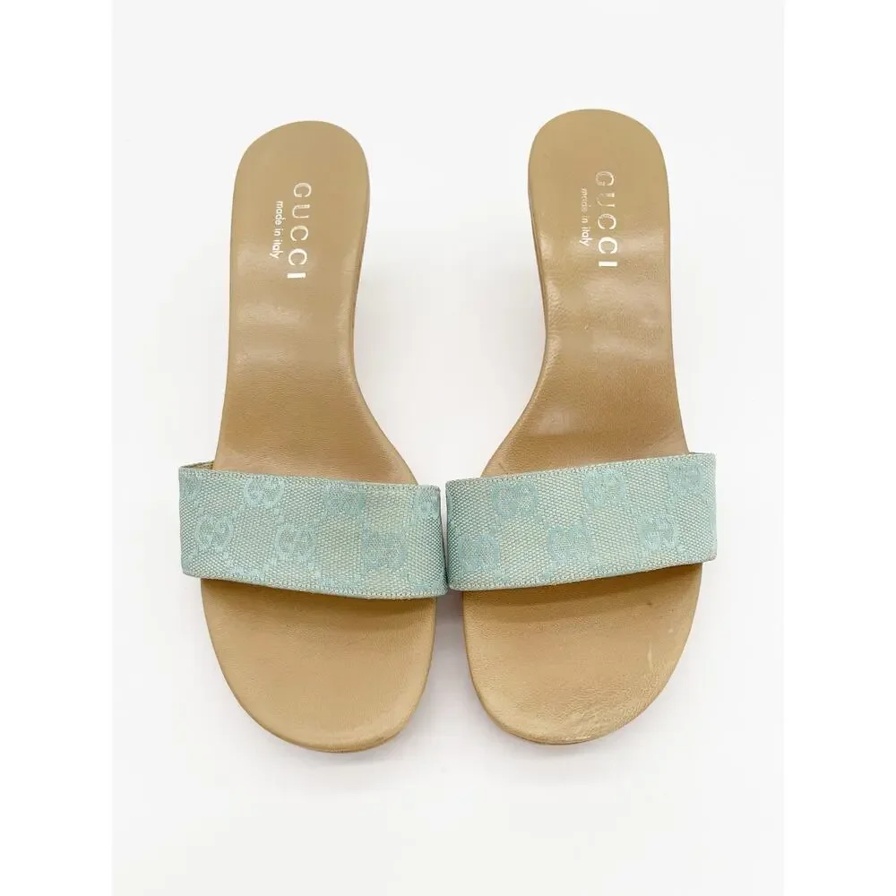 Gucci Vintage Teal GG Monogram Canvas Wooden Heel Slide Mule Sandals EU 36.5